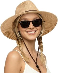 FURTALK Womens Summer Straw Sun Hats Wide Brim Panama Fedora Beach Hat with Wind Lanyard UPF 50+ Khaki