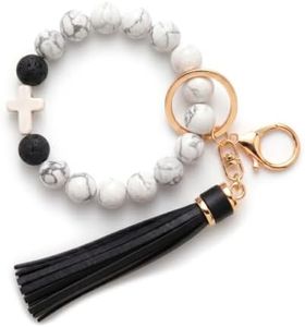 Elystara White Howlite Look Cross Keychain Wristlet for Women, Beaded Keychain with Black Tassel, Key Ring Bracelet for Car Keys, Western Boho Wristlet Keychain, Faith Gift