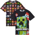 Minecraft Children's T-Shirt Boys with Crew Neck & Creeper Motif, Pack of 2, Black/Multicoloured, 7-8 Years