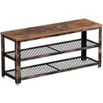 Rolanstar Shoe Bench, 3-Tier Shoe Rack, Storage Entry Bench with Mesh Shelves Wood Seat, Rustic Foyer Bench for Hallway Front Door, Doorway, Living Room (39.4 * 11.8 * 17.7 inch, Rustic Brown)