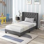 Giantex Twin Bed Frame with Button Tufted Headboard, Modern Fabric Upholstered Platform Bed with Wingback Design, Solid Wooden Slats Support Mattress Foundation, No Box Spring Needed, Grey