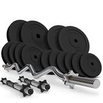 Physionics® Bars & Weights - 36/56/76 kg Set, Steel EZ Curl Bar (120 cm/Ø 30 mm), 2 Dumbbell Bars & Plastic Coated Weight Plates (Ø 31 mm) - Fitness Set for Home Gym (Dumbells + Curl Bar 56KG)