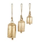 Deco 79 Metal Tibetan Inspired Decorative Cow Bells with Jute Hanging Rope, Set of 3 10 Inch,8 Inch,6 InchH, Gold