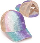 Girls Glitter Baseball Cap Criss Cross Ponytail Hat Adjustable High Messy Bun Ponycap Kids Trucker Hat for 4-12 Years