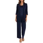 R&M Richards Womens Plus Lace Sequined Pant Suit Navy 18