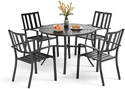 PHI VILLA 5 Piece Outdoor Dining Table Set for 4, 42” Round Steel Dining Table with Umbrella Hole & 4 Black Stacking Metal Chairs for Patio, Deck, Yard, Porch