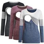 Bearsland Women's 3 Packs Maternity Nursing T-Shirt Long Sleeves Breastfeeding Shirts Nursing Top,blkgry+gryblu+red,S