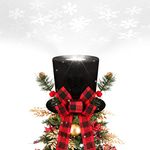 BLOOMWIN Christmas Tree Topper Hat Lighted with Snowflake Projector, Black Velvet Bowler Hat with Red Plaid Bow Pine Cones, Rustic Christmas Decorations for Home Tree Topper with Lights