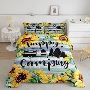 RV Trailer Camping Comforter Set King Size,Country Black Sketch Sunflowers Bedding 3pcs for Kids Teens Adults Camper Decor,Teal Old Wooden Plank Quilt Set,Rustic Cottage Duvet Insert,2 Pillowcases