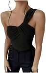 OYOANGLE Women's Textured One Shoulder Twist Front Ruched Bodysuit Sleeveless Tank Top Body Suits Black Small