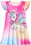 COTRIO Girls Nighties Rainbow Unicorn Dresses Princess Summer Short Sleeve Cartoon Floral Print A-line Clothes 6-7 Years