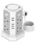 Tower Extension Lead 3M, 5 USB Slot Extension Lead Surge Protected 8 Way Outlets, 3250W Extension Cords Overload Protection, Power Extension Tower for PC/Phone/Laptop/Speaker/TV White