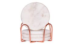 CentraLit Round White Marble Coasters Set of 4 with Stand - Bar Wine Coasters for Table - Set of 4 Vintage Handmade Marble Stone Coaster Set with Holder (Round Shape) (Rose Gold Stand)