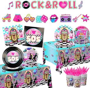 1950s Party Decorations,143Pcs 50's Theme Party Decorations Rocking Music Party Tableware Set 50's Rock and Roll Plates Napkins Hip Hop Tablecloth for 50s Diner Party Anniversary Disposable Supplies