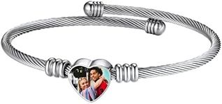 FindChic Picture Bracelet Personalized Photo Customized Bracelet for Women with Photos Stainless Steel Mother Bracelets Adjustable Heart Charm Bangle Cable Wire Engraved Cuff Bracelet Jewelry