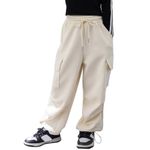 Rolanko Girls Cargo Pants Wide Leg Cargo Sweatpants High Waist Kids Joggers with Pockets 4-14 Years (Apricot, 10-11 Years)