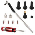 Hromee Tire Valve Stem Tool Puller and Installer Kit, 4PCS TR413 Tubeless Snap-in Valve Stem with Valve Stem Cores, Single Head Valve Core Remover and Slotted-Head Valve Cap