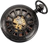 SIBOSUN Skeleton Pocket Watch Special 12 Little Window Case Design Men Black Mechanical with Chain Box