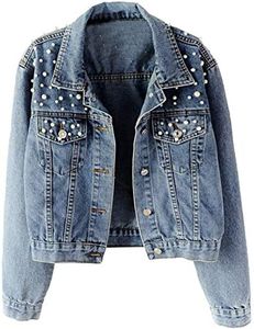 Kedera Women Oversized Denim Jacket Embroidered Pearls Beading Jeans Coat, Blue, Medium