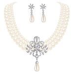 EleQueen Women's Simulated Pearl Crystal Victorian Style 1920s Gatsby Pearl Flower Bridal Jewelry Set Pearl Necklace Earrings Set for Halloween Ivory Color