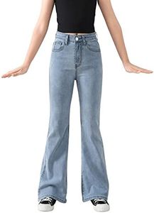SweatyRocks Girl's Casual High Waist Solid Denim Pants Stretchy Flare Leg Jeans with Pocket Light Wash 10Y