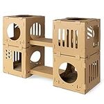 Navaris Modular Cardboard Cat House - DIY Corrugated Cardboard Configurable Play Tower Condo for Small Cats, Kittens, Rabbits - 4 Cubes with 2 Bridges