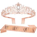 Birthday Sash for Women Rose Gold Birthday Crown Birthday Sash and Tiara for Women Princess Queen Headband Crown Happy Birthday Decorations Birthday Accessories Gifts for Women