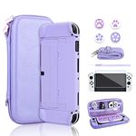 RHOTALL Sakura Embossing Cute Carrying Case Set for Nintendo Switch OLED, Accessories Bundle for Switch OLED with Hard Case, Screen Protector, 4 Thumb Caps, Wrist Band and Shoulder Strap (Purple)