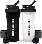 KICHLY (Set of 2 Classic Protein Shaker Bottle (700 ml) with Protein Shaker Ball - Non-Leak Cap with Container for Protein Shakes – Perfect Fitness & Workout Partner (Black & Clear)