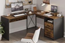 Bestier L Shaped Desk with Drawers, 55 inch Office L Desk with Reversible File Drawer, Industrial Wood Computer Desk with Monitor Stand (Rustic Brown)