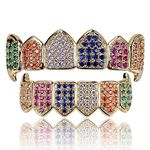 LC8 Jewelry Hip Hop Unisex Men 18K Gold Plated Rainbow Iced Out CZ Simulated Diamond Top and Bottom Teeth Grillz Set for Women (Gold)