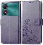 RankOne Leather Case for ZTE Blade A34 (6.6 Inches), Wallet Case with 3 Card Slots, 1 Coin Pocket, Four-Leaf Clover Pattern - Dark Purple