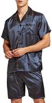 Men's Satin Pajamas Short Button-Down Pj Set Sleepwear Loungewear, Blue/Golden, Large