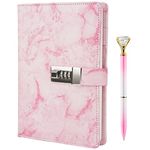 Marble Diary with Lock and Pen, Refillable A5 Daily Journal for Girls and Women, 192 Pages Cute Notebook with Combination Lock and Diamond Pen for Teen Girls and Boys - Pink