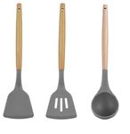 Kitchen Utensils Set, 3 Pcs Non-Stick Silicone Kitchen Cooking Utensils with Wooden Handle, Kitchen Spatula Cookware Utensils Set, Heat Resistant Silicone Kitchen Gadgets (Grey, 3)