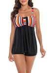 LA ORCHID Laorchid Women's Two-Piece Swimsuit Push Up Swimwear Tummy Control Tankini Set Ruffles High Waist Tankini Beachwear Hot Pants, Black with red vertical stripes, 10