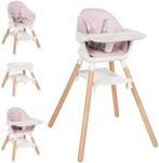 Komcot Baby High Chair, 6 in 1 Wooden Convertible High Chairs for Babies and Toddlers, Booster Seat with Double Tray & Reversible Footrest Baby Highchair, 5-Point Harness Baby Feeding Chair, Pink
