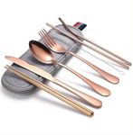 Devine Details 8-Piece Stainless Steel Travel Friendly Cutlery Set-Portable Utensils Flatware Includes Knife, Fork, Spoon, Chopsticks, 2 Straws, Cleaning Brush & Water Resistant Zipper Bag - Rosegold