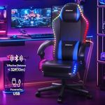 Dowinx Gaming Chair with RGB Lights, LED Gaming Chair with Footrest for Adults, Ergonomic Gaming Chair with Massage Lumbar Support, Video Game Chair PU Leather Black Blue