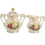 Foraineam Sugar and Creamer Set, Porcelain Ivory Coffee Serving Set, Flowering Shrubs Pattern Golden Leaves Edge Cream Pitcher and Sugar Bowl with Lid