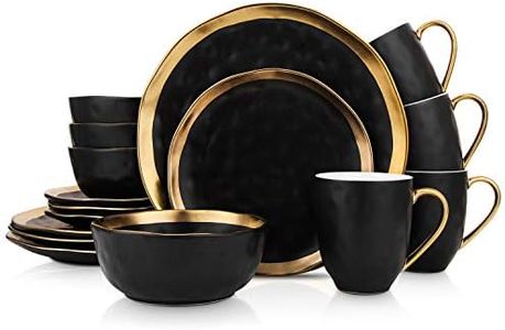 Stone Lain Modern Poreclain 16 Piece Dinnerware Set, Plates and Bowls Set, Dish Set for 4, Black and Golden Rim