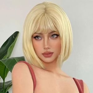 Creamily Short Blonde Bob Wig for Women, Blonde Shoulder Length Hair Wig for Women, Straight Short Hair Wig with Flat Bangs 10 Inches Natural Looking Daily Use Party