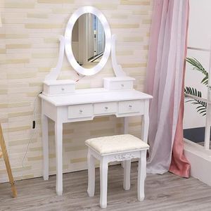 Modern Vanity Desk with Oval Mirror and Stool - Wood Makeup Dressing Table, 3 Lighting Modes, 5 Large Drawers - Ideal for Kids, Girls, Women