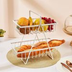 Amazon Brand - Solimo Metal 2-Tier Countertop Basket | Fruit Bowl & Breadbasket | Vegetable Holder for Kitchen Storage (White)