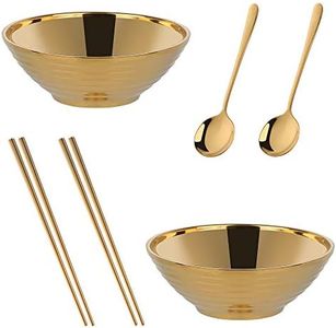 Ramen Noodle Soup Bowl,2 Sets Double Layer 18/8 Stainless Steel Bowl(7.09 inch), with Matching Spoon and Chopsticks by Buy THINGS!（Gold）