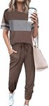 PRETTYGARDEN Women's Two Piece Outfit Short Sleeve Pullover with Drawstring Long Pants Tracksuit Jogger Set (Striped Dark Khaki,X-Large)