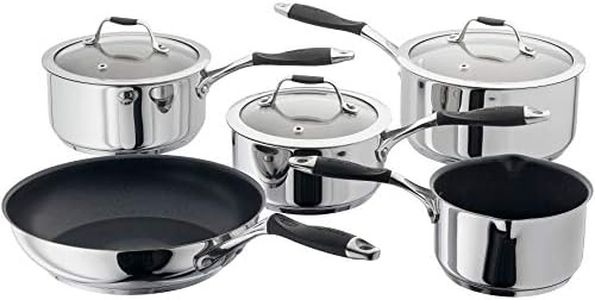 Stellar James Martin Set of 5 Stainless Steel Pans, 20cm, 18cm, 16cm Saucepans with Lids, 14cm Milk Pan, 24cm Non-Stick Frying Pan, Induction Ready, Oven Safe, Dishwasher Safe