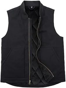 Mens Quilted Lined Casual Cotton Vest Jacket Full Zip Up Utility Canvas Work Vest Winter Outdoor Travel Vests Black XXL