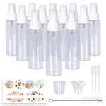 HWASHIN 12 Pack 3.4oz/100ml Clear Plastic Spray Bottles with White Fine Mist Sprayers for Essential Oils, Perfumes & Aromatherapy (Brush, Funnels, Droppers, Labels & 30ml Measuring Cup Included)