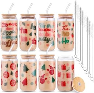 8 Pcs Christmas Glasses Cups, 16 oz Christmas Cups with Lids Brush and Straws Christmas Tree Snowman Snowflakes Iced Coffee Cups, Stocking Stuffers for Adults Glasses Drinking for Women Kids Gift